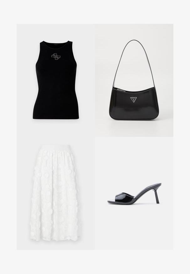 Débardeur noir à côtes avec un col rond et un logo orné de clous en argent à l'avant. Tissu doux et extensible.; Jupe midi blanche avec taille froncée, décorée d'appliques florales texturées et d'un tissu transparent en superposition.; Sandales à talons ouverts en cuir verni noir, avec un design supérieur incurvé et un talon aiguille effilé. Finition lisse et brillante.; Sac à épaule en cuir verni noir avec une forme incurvée, présentant un logo triangle en argent et une fermeture éclair. Texture lisse et bandoulière fine.