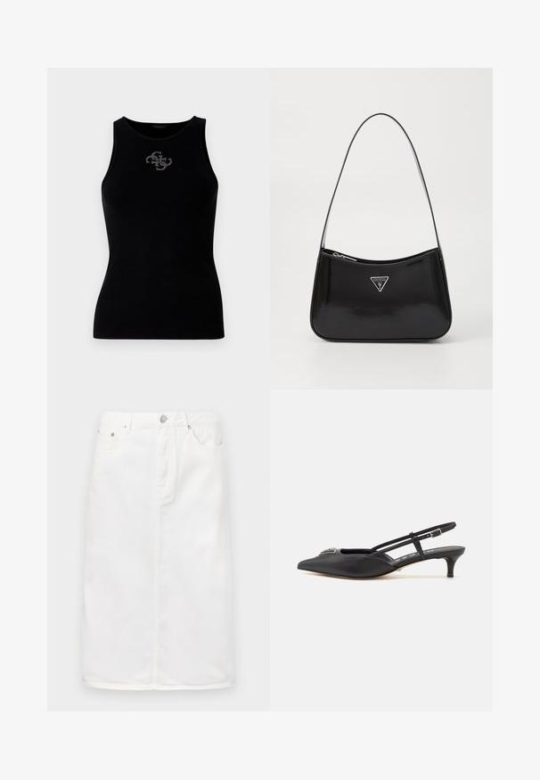Top de tirantes negro con canalé que presenta un escote redondo y un logo adornado con tachuelas plateadas en la parte delantera. Tela suave y elástica.; Falda de mezclilla blanca con cremallera frontal, diseño de cinco bolsillos y silueta recta con acentos de costura.; Zapatos slingback negros con punta afilada, hechos de material suave, con un pequeño tacón y un acento decorativo plateado en el empeine.; Bolso de hombro de charol negro con forma curva, que presenta un logotipo triangular plateado y un cierre de cremallera. Textura suave y correa delgada.
