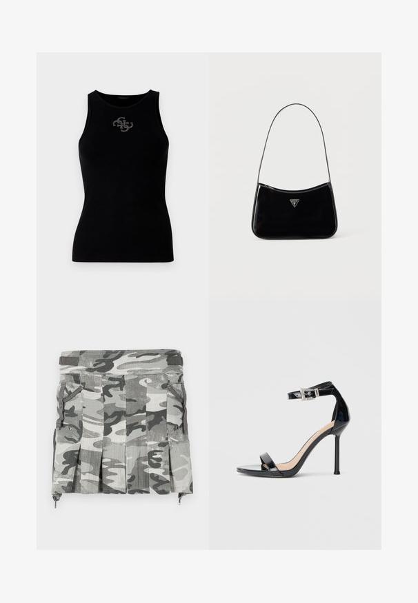 Zwarte geribbelde tanktop met een ronde halslijn en een logo versierd met zilveren studs aan de voorkant. Zacht, rekbaar materiaal.; Een rok met camouflagepatroon in grijstinten en zwart, met plooien, twee zijzakken en een rits sluiting aan de onderkant.; Zwarte sandalen met hoge hak van lakleer en een enkelriempje. Heeft een minimalistisch ontwerp, open teen en een gesp met strass-steentjes.; Zwarte schoudertas van lakleer met een smalle band, driehoekig Guess-logo aan de voorkant en een ritssluiting bovenaan.