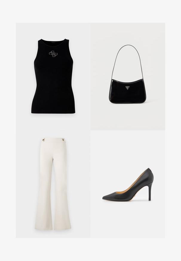 Sort ribbet tank top med rund udskæring og et logo prydet med sølvfarvede nitter på forsiden. Blødt, strækbart stof.; Guess MAELICE BUTTONS FLARE PANT - Bukser - muted stone; Sort læder spidse stiletto hæle med høj hæl, der har en glat overflade og minimalistisk design. Indersiden er foret i tan farve.; Sort skuldertaske i laklæder med tynd rem, trekantet Guess-logo foran og lynlåslukning i toppen.