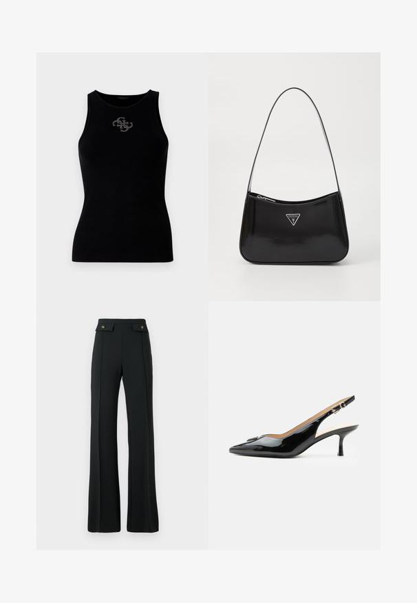Top de tirantes negro con canalé que presenta un escote redondo y un logo adornado con tachuelas plateadas en la parte delantera. Tela suave y elástica.; Pantalones de tiro alto de campana negros con detalles de costura frontal y dos bolsillos con tapeta y botones dorados en la cintura.; Tacón slingback de charol negro con puntera puntiaguda, tacón pequeño tipo kitten y correa con hebilla plateada sobre un fondo blanco liso.; Bolso de hombro de charol negro con forma curva, que presenta un logotipo triangular plateado y un cierre de cremallera. Textura suave y correa delgada.