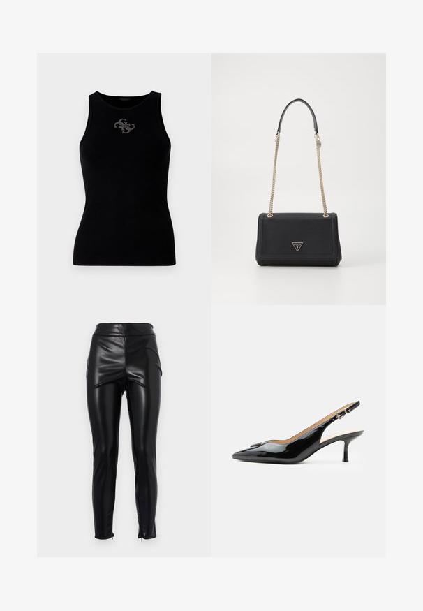 Schwarzes geripptes Tanktop mit rundem Halsausschnitt und einem mit silbernen Nieten verzierten Logo auf der Vorderseite. Weicher, elastischer Stoff.; Hoch taillierte schwarze Leggings aus Kunstleder mit einer glatten, glänzenden Textur, seitlichen Nähten und Reißverschlüssen an den Knöcheln für eine figurbetonte Silhouette.; Schwarzer Pumps mit Riemchen aus Lackleder, spitz zulaufender Zehenpartie, kleinem Kitten-Heel und silberner Schnalle auf weißem Hintergrund.; Schwarze Handtasche aus Kunstleder mit Klappenverschluss, goldenem Kettenriemen und dreieckigem Logoakzent. Glatte Textur mit strukturierter Form.