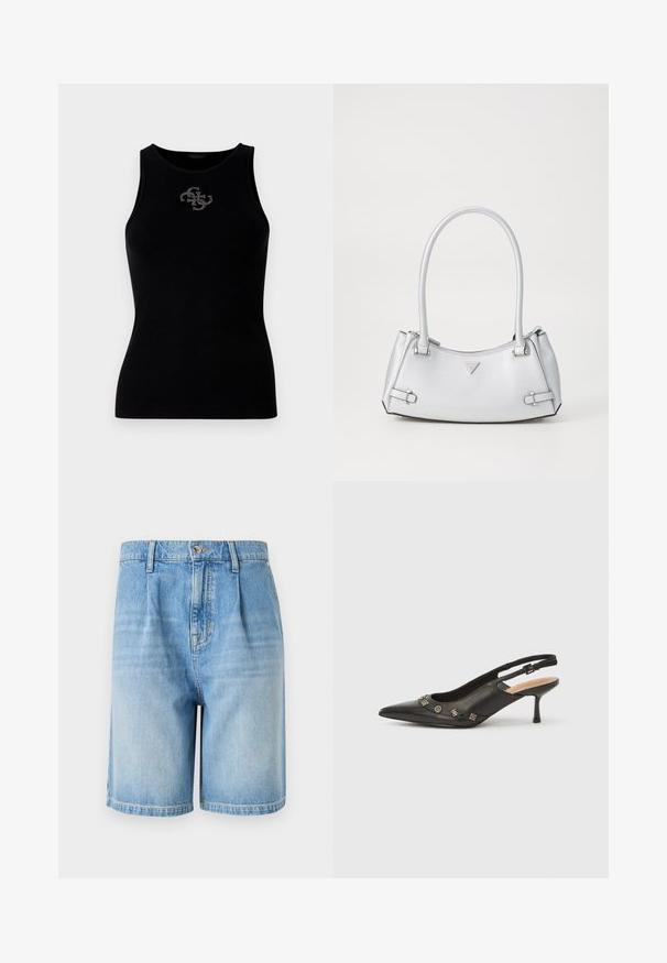 Must värviline ribatraukidega tank top, millel on ümar krae ja esiosas hõbedaste nööpidega kaunistatud logo. Pehme ja veniv kangas.; Heledad sinine teksashortsid, millel on mugav lõige, nupuga sulgur, kaks esikotid ja sirge äär. Kulumise tekstuur kogu ulatuses.; Mustast nahast sangadega avatud kannaosaga kingad, terava nina ja väikese kontsaga, esiküljel dekoratiivsete metallist detailidega. Sile tekstuur.; Hõbe käekott, millel on struktureeritud disain, kahe sangaga, läikiva tekstuuriga, aksessuaaride detailidega ja kolmnurkse logoga esiküljel.