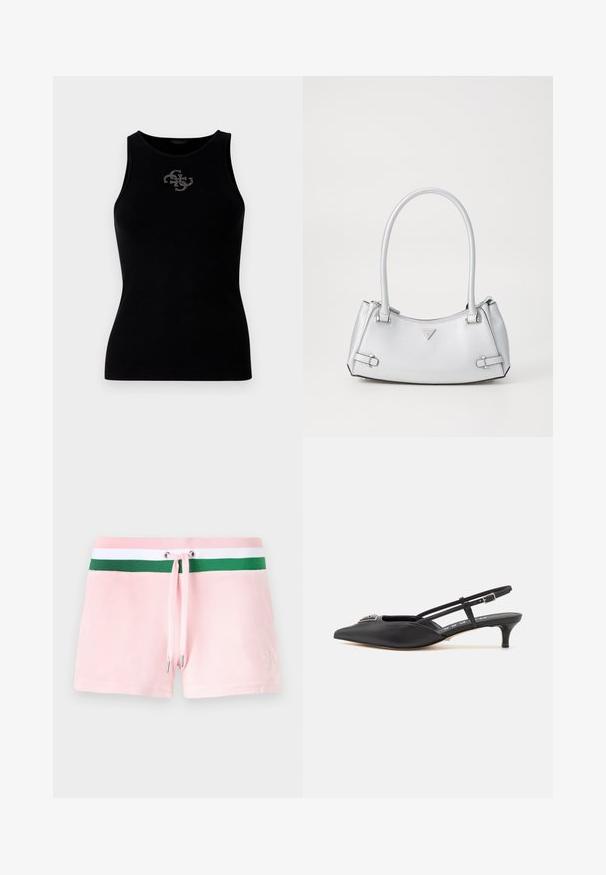 Sort ribbet tank top med rund udskæring og et logo prydet med sølvfarvede nitter på forsiden. Blødt, strækbart stof.; Lyserøde bomuldsshorts med en grøn og hvid stribet talje, med snøre og sølvmetalspidser. Diskret logo broderet på siden.; Sorte slingback-sko med spids tå, lavet af glat materiale, med en lille hæl og en dekorativ sølvaccent på vamps.; Sølv håndtaske med et struktureret design, der har to håndtag, en skinnende overflade, accenthardware og et trekantet logo på fronten.