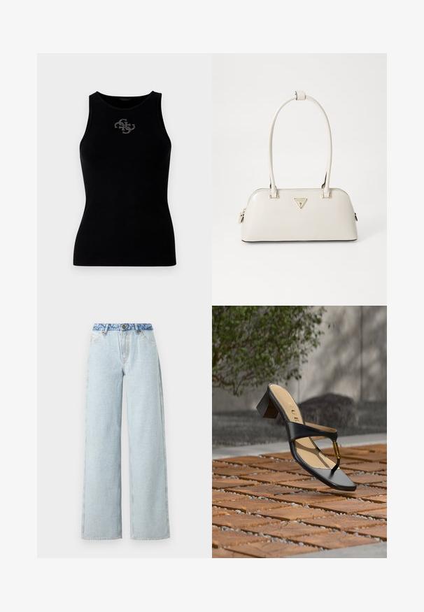 Schwarzes geripptes Tanktop mit rundem Halsausschnitt und einem mit silbernen Nieten verzierten Logo auf der Vorderseite. Weicher, elastischer Stoff.; Hellblaue Schlagjeans mit einer ausgewaschenen Optik, ausgestattet mit einem kontrastierenden blauen Denim-Bund und dem klassischen Fünf-Taschen-Design.; Schwarze Sandalette mit Absatz, Zehenschlaufe und goldenem Akzent, auf einer Holz- und Steinpflasteroberfläche im Freien nahe Grünflächen platziert.; Cremfarbige Patentanleder-Handtasche mit geschwungener Form, zwei oberen Griffen und einem goldfarbenen Dreieckslogo auf der Vorderseite. Details mit Reißverschluss.