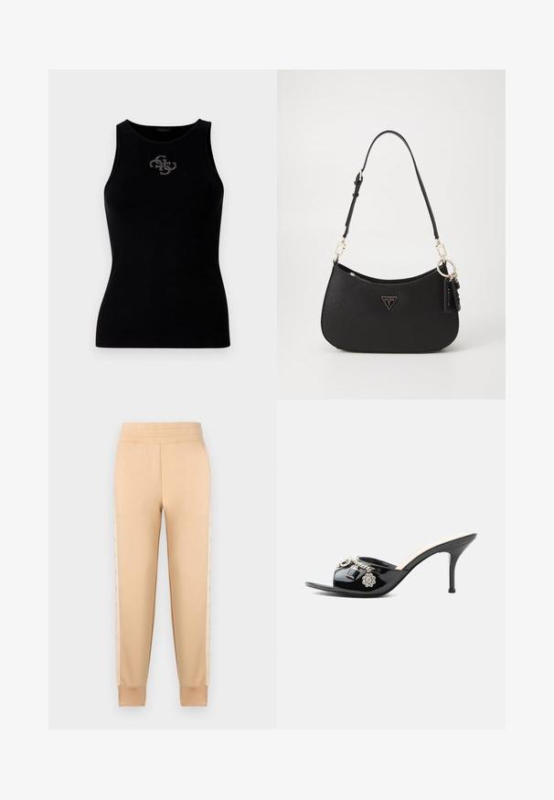 Sort ribbet tank top med rund udskæring og et logo prydet med sølvfarvede nitter på forsiden. Blødt, strækbart stof.; Beige sweatpants med en glat tekstur, der har et tapered design, elastisk talje og mønstrede sidelommer.; Sort laklæder højt hælet mule med åben tå og dekorative sølvcharme inklusive en blomst og hængelås på frontstroppen.; Sort syntetisk håndtaske med en buet form, guldfarvet hardware og et trekantet logo. Har lynlås lukning og en justerbar rem.
