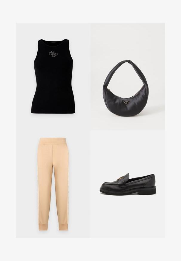 Top de tirantes negro con canalé que presenta un escote redondo y un logo adornado con tachuelas plateadas en la parte delantera. Tela suave y elástica.; Pantalones de chándal beige con una textura suave, que presentan un diseño tapered, cintura elástica y paneles laterales estampados.; Mocasines de cuero negro con puntera redondeada, detalles de costura, herrajes en tono dorado y una suela de goma texturizada baja. Acabado suave y elegante.; Bolso de satén negro con forma curva, que cuenta con un cierre de cremallera y un logo triangular en metal en la parte delantera. Textura suave y diseño elegante.