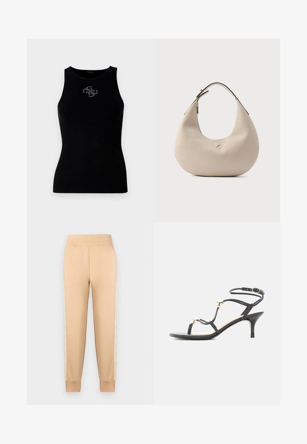 Sort ribbet tank top med rund udskæring og et logo prydet med sølvfarvede nitter på forsiden. Blødt, strækbart stof.; Beige sweatpants med en glat tekstur, der har et tapered design, elastisk talje og mønstrede sidelommer.; Sort midhæl sandal med stropper, guld accenter perler og ankelrem med spænde på hvid baggrund.; Beige skuldertaske af læder med en glat tekstur, rundet form og en enkelt sort rem. Har et guldfarvet hardware-detalje.