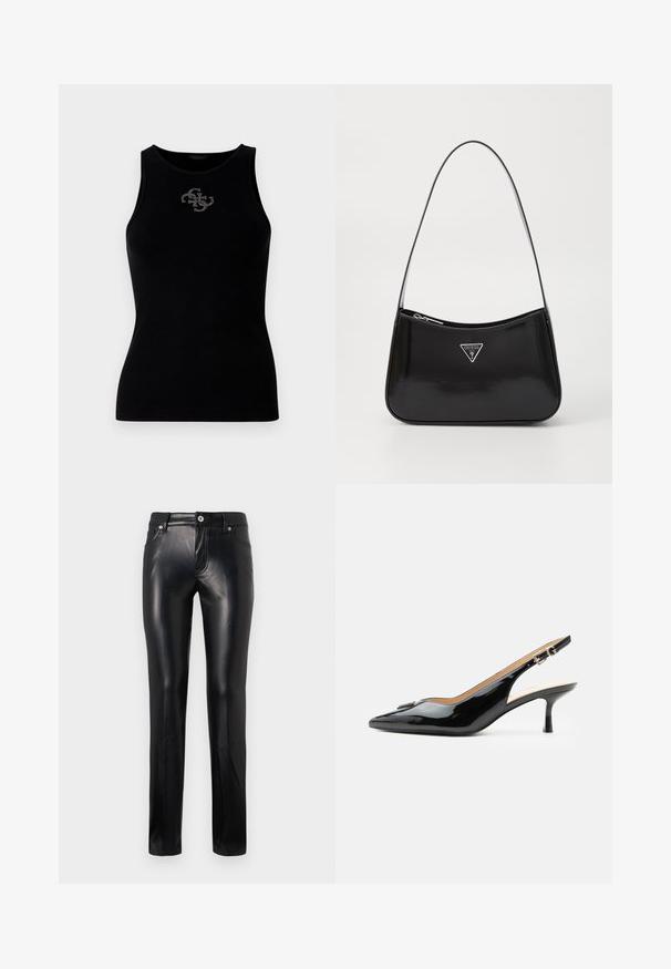 Sort ribbet tank top med rund udskæring og et logo prydet med sølvfarvede nitter på forsiden. Blødt, strækbart stof.; Sorte lige læderbukser med frontknap og lynlås, bælteløkker og sidelommer, præsenteret mod en hvid baggrund.; Sort patentlæder slingback hæl med spids tå, lille kitten hæl og sølvspænde på en ensartet hvid baggrund.; Sort patenteret læder skuldertaske med en buet form, prydet med et sølvfarvet trekantet logo og en lynlås-lukning. Glat tekstur og slank rem.