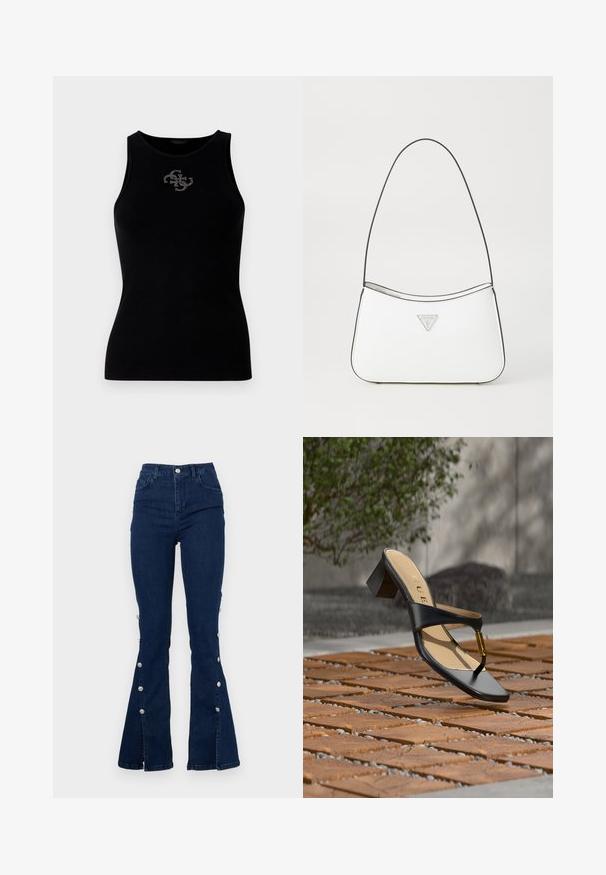 Must värviline ribatraukidega tank top, millel on ümar krae ja esiosas hõbedaste nööpidega kaunistatud logo. Pehme ja veniv kangas.; Tumedad sinised flared teksad kõrge vöökohtadega. Omavad nupuga kinnitust, küljetaskut ja dekoratiivnuppe välimistel õmblustel.; Must kanna sandaal varbaringi ja kuldse aktsendiga, asetatud puidust ja kivist sillutatud pinnale õues roheluse lähedal.; Valge käekott, millel on sujuv ja kumer disain, õhuke must rihm ning hõbedane kolmnurkne logo aksessuaar. Sile tekstuur ja minimaalne detailitus.