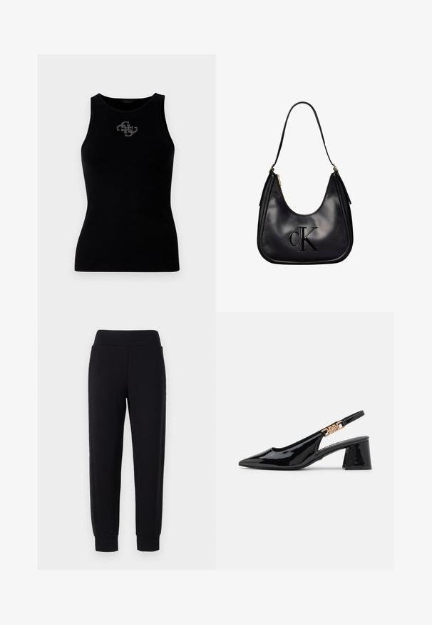 Must värviline ribatraukidega tank top, millel on ümar krae ja esiosas hõbedaste nööpidega kaunistatud logo. Pehme ja veniv kangas.; Mustad mustmed püksid kitsenevate jalgadega, laia elastse vöökoha ja tekstuursete külgpaneelidega. Valmistatud pehmest ja venivast materjalist.; Mustla mustnahk naastuga kingad, millel on terav nina ja kuldse tooni detailid rihmal, sisseehitatud plokknukk. Sujuva tekstuuriga.; Mustast nahast õlakott kuldse tõmblukuga, esiküljel reljeefne "cK" logo ja ühe sangaga kandmiseks.