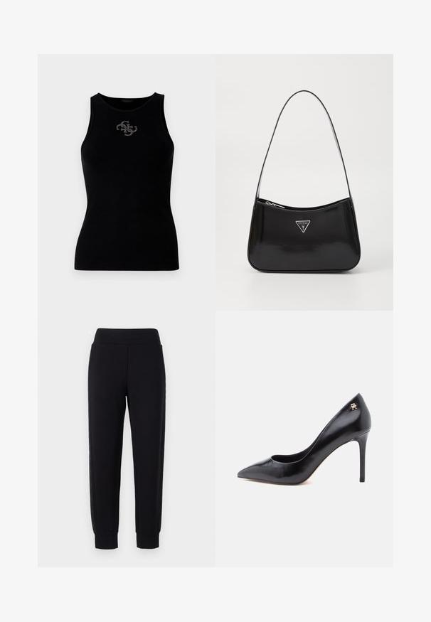 Sort ribbet tank top med rund udskæring og et logo prydet med sølvfarvede nitter på forsiden. Blødt, strækbart stof.; Sorte sweatpants med tætsiddende ben, der har en bred elastisk talje og strukturerede sidelapper. Lavet af et blødt, strækbart materiale.; Sort læderpump med høje hæle og spids tå, der har et udskåret design og en lille gulddetalje med logo på hælen.; Sort patenteret læder skuldertaske med en buet form, prydet med et sølvfarvet trekantet logo og en lynlås-lukning. Glat tekstur og slank rem.