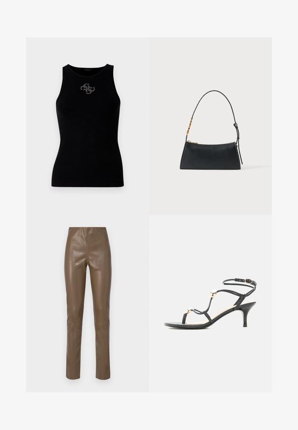 Débardeur noir à côtes avec un col rond et un logo orné de clous en argent à l'avant. Tissu doux et extensible.; Pantalons en cuir synthétique brun avec une texture lisse et brillante. Présentent une taille haute et des jambes droites, avec des détails de couture minimalistes.; Sandale noire à fines lanières et talon moyen, ornée de perles dorées et d'une bride de cheville avec boucle sur fond blanc.; Sac à main en cuir noir avec une fermeture éclair dorée et une bandoulière ajustable présentant des détails rectangulaires dorés sur fond blanc.