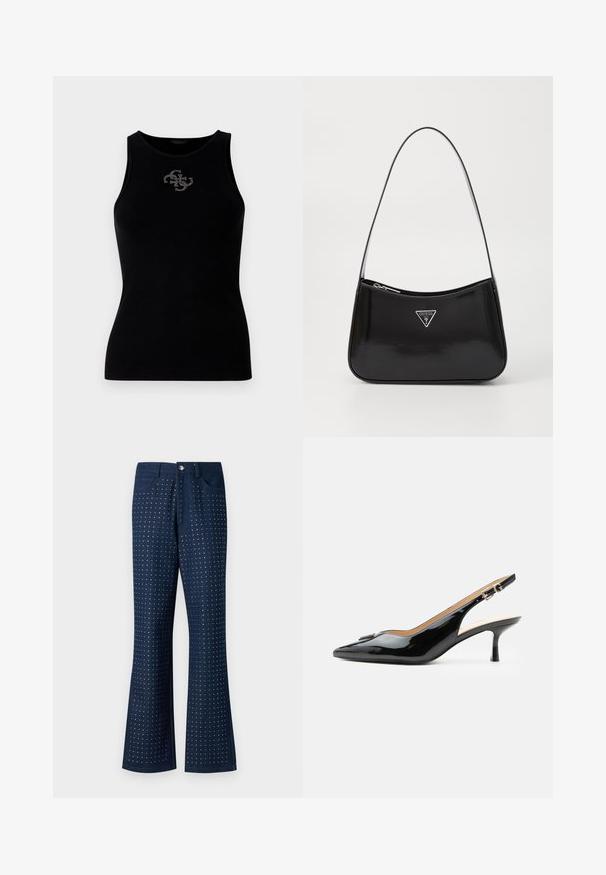 Sort ribbet tank top med rund udskæring og et logo prydet med sølvfarvede nitter på forsiden. Blødt, strækbart stof.; Mørkeblå jeans med bredde i buksebenene, der har et prikket mønster over hele, fem lommer og knaplukning i metal. Fremstillet af denimstof.; Sort patentlæder slingback hæl med spids tå, lille kitten hæl og sølvspænde på en ensartet hvid baggrund.; Sort patenteret læder skuldertaske med en buet form, prydet med et sølvfarvet trekantet logo og en lynlås-lukning. Glat tekstur og slank rem.