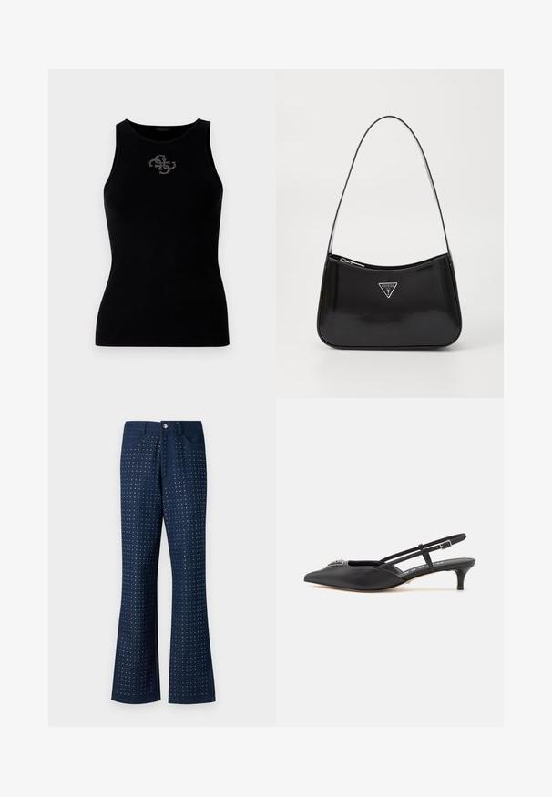 Must värviline ribatraukidega tank top, millel on ümar krae ja esiosas hõbedaste nööpidega kaunistatud logo. Pehme ja veniv kangas.; Tumedad flared teksad sinise, millel on kogu ulatuses naelakujuline muster, viis taskut ja metallnupp. Valmistatud denimkangast.; Mustad musta rihmaga kingad terava ninaga, valmistatud siledast materjalist, väikese kontsaga ja kaunistava hõbedase aksessuaari ning sillerdava pealsega.; Must küllastatud nahast õlakott, millel on kumer kuju, hõbedase kolmnurkse logo ja tõmblukuga sulgemine. Sile tekstuur ja õhuke rihm.