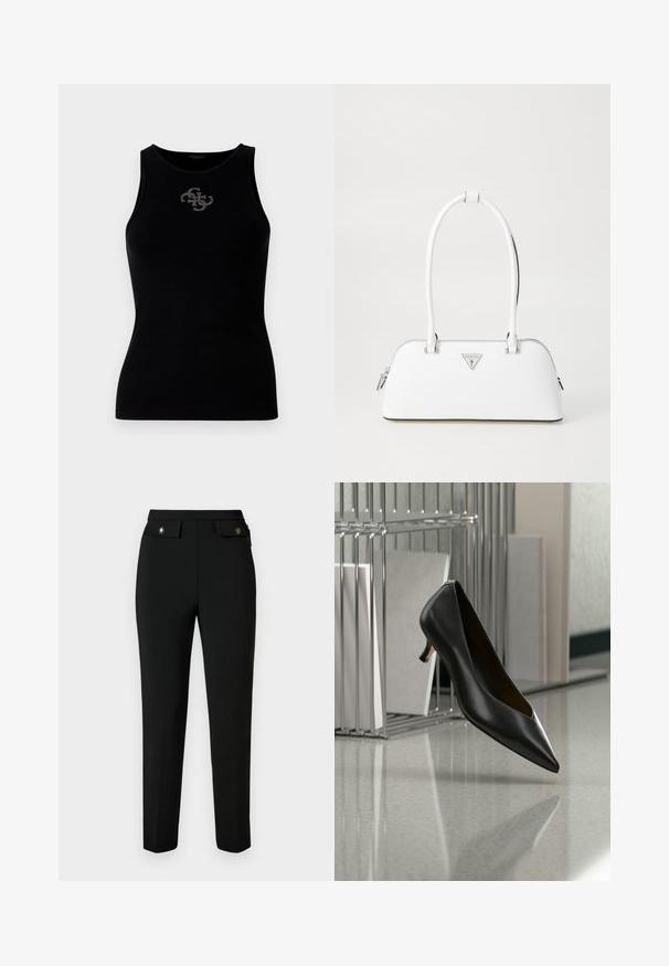Must värviline ribatraukidega tank top, millel on ümar krae ja esiosas hõbedaste nööpidega kaunistatud logo. Pehme ja veniv kangas.; Mustad ülikonnanad, mis on valmistatud siledast kangast, sirge lõikega, kahe esi-taskuga, millel on klapid ja kuldse tooni metalldetailid.; Mustast nahast terava ninaga madala kontsaga king, mis hõljub üle halli täpilise põranda, kõrval metallist failikorraldaja kaustadega.; Valge nahast käekott, millel on kumer kuju, hõbedane kolmnurkne logo ja lukk. Sile tekstuur ja kaks sangat.