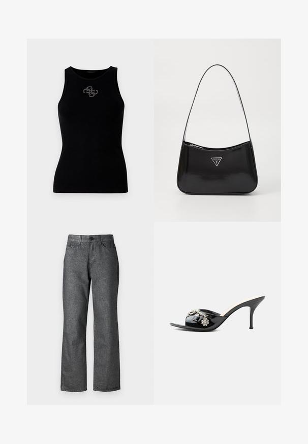 Sort ribbet tank top med rund udskæring og et logo prydet med sølvfarvede nitter på forsiden. Blødt, strækbart stof.; Grå denim jeans med en let glans, lige ben design, fem lommer, knaplukning og synlige søm detaljer.; Sort laklæder højt hælet mule med åben tå og dekorative sølvcharme inklusive en blomst og hængelås på frontstroppen.; Sort patenteret læder skuldertaske med en buet form, prydet med et sølvfarvet trekantet logo og en lynlås-lukning. Glat tekstur og slank rem.