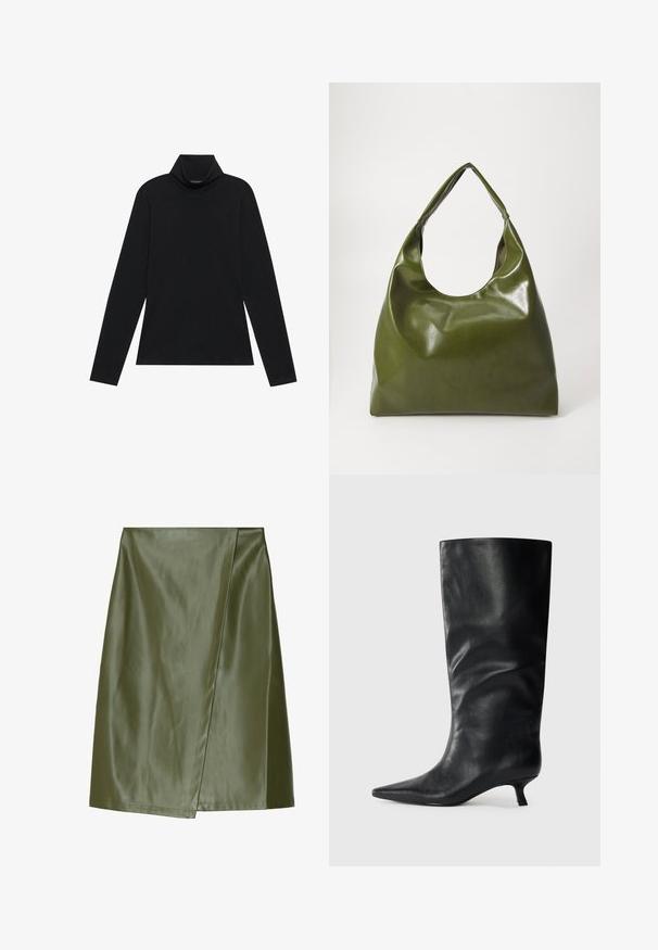 Zwarte langetermijn turtleneck. Zachte stof, getailleerd design, hoge kraag en zijnaad. Eenvoudige en veelzijdige stijl die geschikt is voor het laagjes dragen.; Olijfgroene faux leren mini-jurk met een diagonale wikkeldesign, een gladde textuur en nette stiksels langs de randen.; Zwarte leren kniehoogte laars met een spitse neus en lage kittenheel, weergegeven op een effen lichte achtergrond.; Groene leren hobotas met een slordig ontwerp, gebogen handvat en een gladde textuur. Bevat geen zichtbare hardware of accenten.