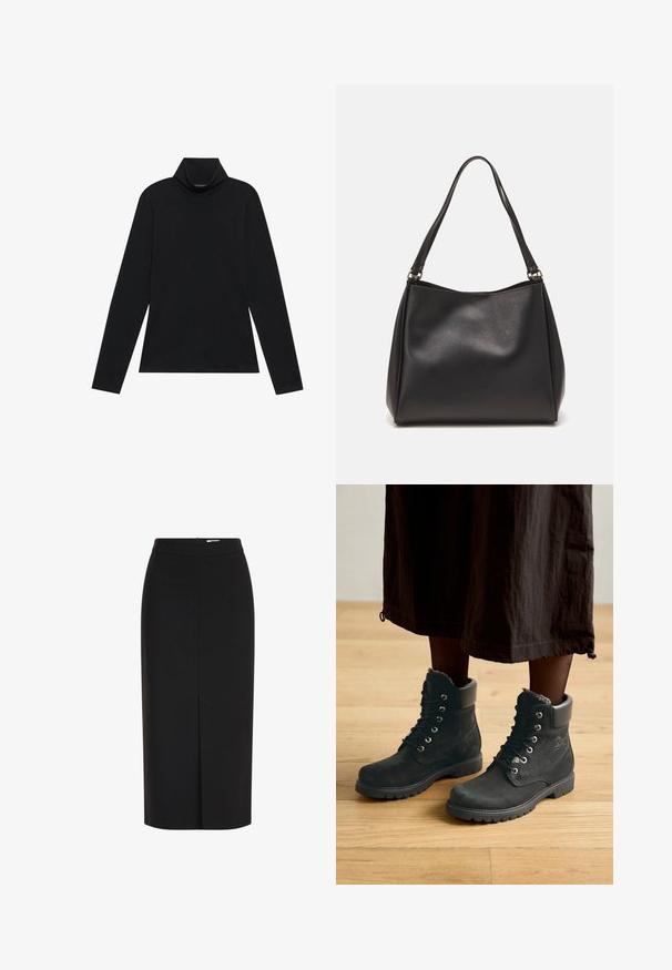 Sort turtleneck med lange ærmer. Blødt stof, tætsiddende design, høj krave og sidesøm. Simpel og alsidig stil, der er velegnet til lag-på-lag.; Sort midi pencilnederdel med høj talje, frontslids og skjult lynlås på hvid baggrund.; Sorte ruskind ankle boots med pelskrave, rund tå, snørret front og robust gummisål, placeret på et trægulv.; Sort syntetisk lædertaske med blød tekstur, hobo-form og dobbelte skulderremme; har en blank overflade og minimalistisk design.