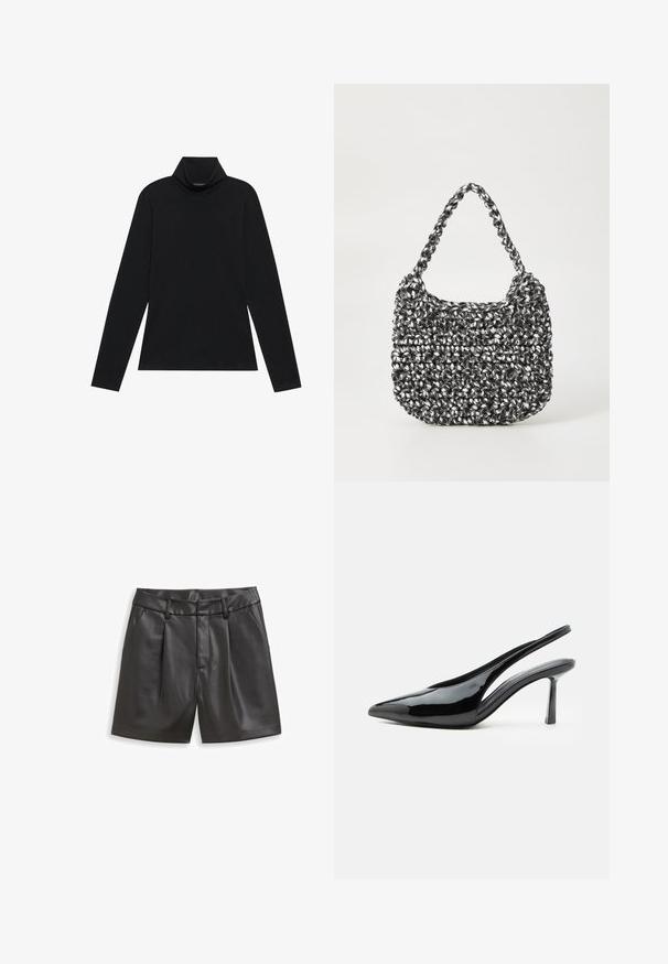 Turtleneck à manches longues noir. Tissu doux, design près du corps, col montant et coutures latérales. Style simple et polyvalent, idéal pour le superposition.; Shorts en cuir noir avec une texture lisse, présentant une taille classique, des plis à l'avant et des poches latérales, offrant une coupe structurée.; Escarpin slingback en cuir verni noir à talon haut, bout pointu et talon aiguille fin sur fond blanc.; Sac en osier noir et blanc de forme arrondie, avec une surface texturée et une poignée tressée. Convient à un usage décontracté.
