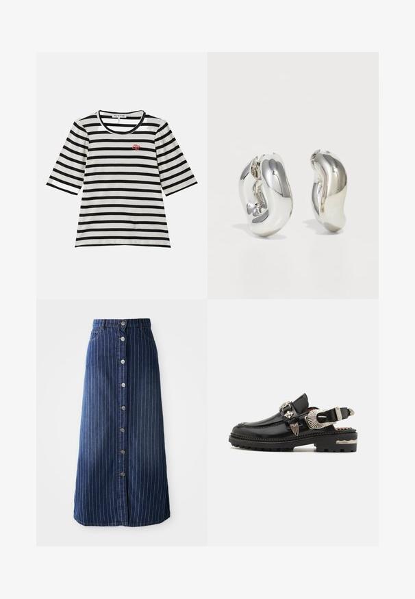 T-shirt rayé à manches courtes, présentant une texture côtelée noire et blanche, un col rond et un petit logo rouge sur la poitrine gauche.; Jupe maxi en denim foncé avec des rayures blanches verticales, fermeture à boutons sur le devant et légère évasement à l'ourlet. Comprend cinq boutons et un surpiquage contrasté.; Chaussures slingback en cuir noir avec accents en métal argenté, bout rond et semelle texturée, avec des éléments décoratifs sur les lanières.; Boucles d'oreilles sculpturales en argent avec des formes douces et courbes et des surfaces réfléchissantes. Présentent un design de boucle fermée et une forme organique distincte.