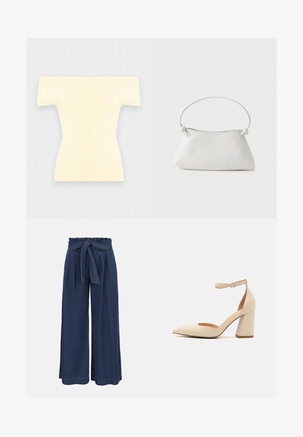 Top corto de punto acanalado color crema con escote off-shoulder y cintura entallada sobre un fondo gris claro.; Pantalones azul marino de tiro alto y pierna ancha con pliegues delanteros y cinturón de tela anudado en la cintura.; Zapato de tacón alto de charol beige con punta afilada, correa en el tobillo y tacón grueso. Textura suave con detalles de costura mínimos.; Bolso de mano de cuero blanco tejido con asa redondeada y extremos de la correa anudados, exhibido sobre un fondo liso.