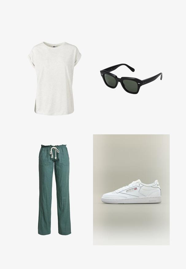 T-shirt à manches courtes gris clair en tissu doux et texturé. Il présente un col rond et des manches retroussées. Design simple sans embellissements.; Pantalons en lin léger et vert avec une coupe décontractée, une taille élastique et un cordon de serrage, comportant deux poches latérales.; Baskets basses blanches Reebok avec détails de couture, perforations près des orteils et logo Reebok avec un petit Union Jack sur le côté.; Lunettes de soleil carrées noires avec des verres vert foncé, présentant des montures audacieuses et des accents argentés sur les côtés. Fabriquées en Italie.