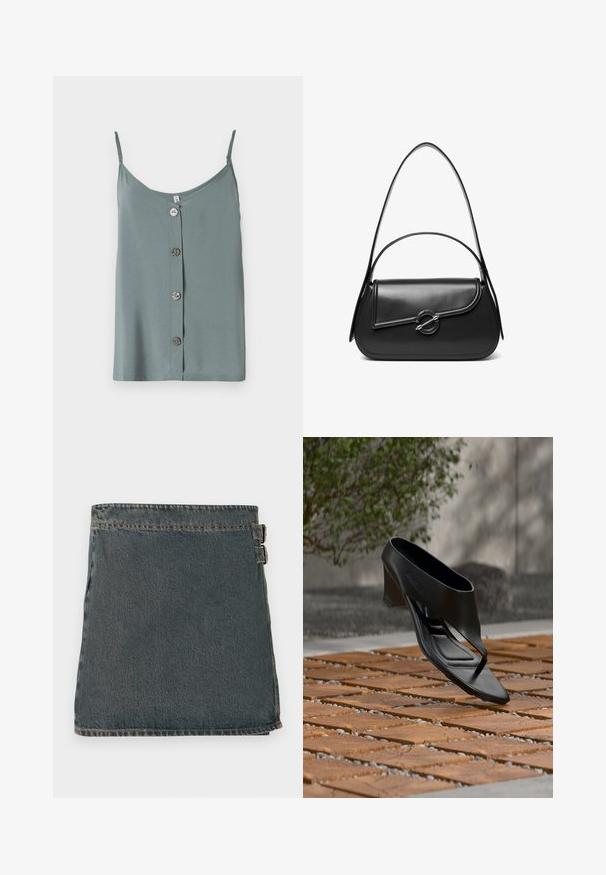Mouwloos, lichtgroen topje met een ronde halslijn en een sluiting aan de voorkant met vijf gladde, ronde knopen. Zachte stof met een ontspannen pasvorm.; Denim wikkelrok in donkerblauw met een gemarmerde oppervlakte, voorzien van twee zijgespen en een rechte zoom. Gestikte naden zichtbaar langs de randen.; Zwarte sandaal met hoge hak en teenslipperbandje, zwevend boven een patroon van houten en grind buitenoppervlak met vage begroeiing en een muur op de achtergrond.; Zwarte leren schoudertas met een gebogen klep die is bevestigd met een ronde metalen sluiting en een smalle, verstelbare band.