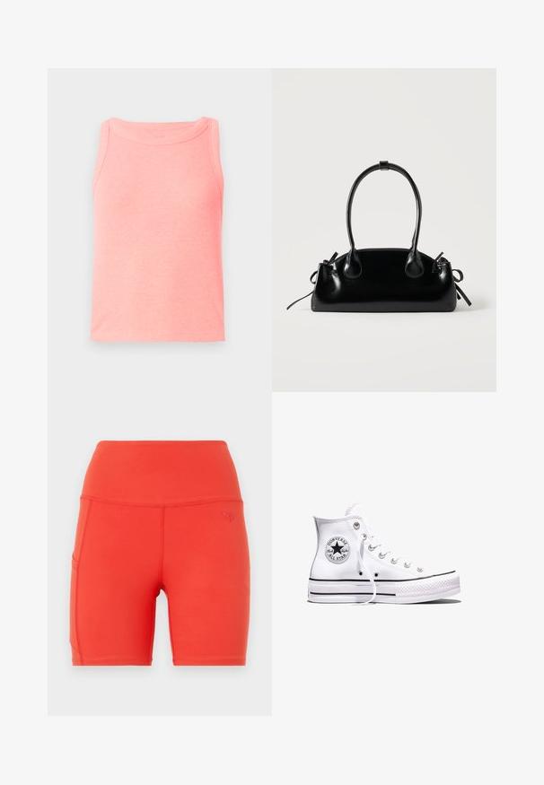 Débardeur rose à côtes avec un col rond et une conception sans manches. Le tissu semble doux avec une surface légèrement texturée.; Shorts de sport rouges avec une taille haute, fabriqués à partir d'un matériau lisse et extensible. Comprend une poche latérale et un petit logo en relief.; Baskets blanches montantes Converse Chuck Taylor All Star avec des rayures noires et un patch logo sur le côté, présentées sur un fond blanc uni.; Petit sac à main noir brillant avec deux longues anses et des détails à cordon sur les côtés sur un fond clair uni.