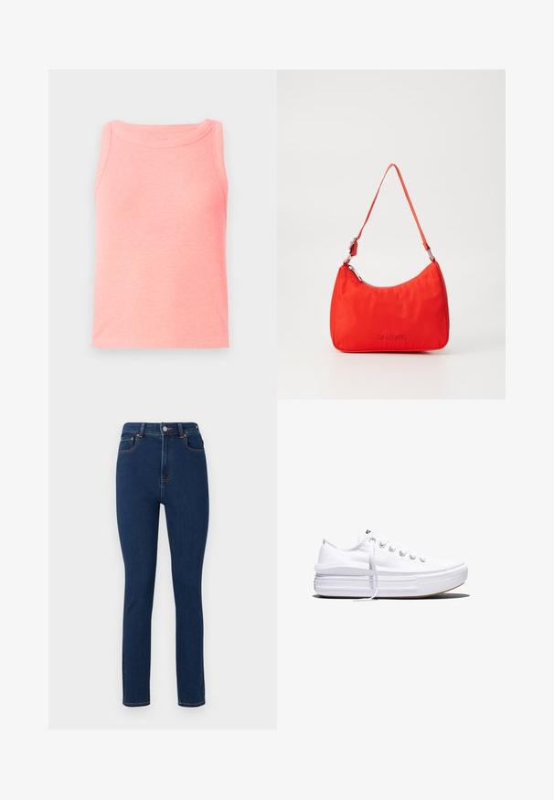 Top de tirantes rosa con cuello redondo y diseño sin mangas. La tela parece suave con una superficie ligeramente texturizada.; Jeans de mezclilla azul oscuro con cintura alta, corte recto, bolsillos frontales y costuras en color naranja contrastante a lo largo de las costuras. Diseño limpio y minimalista.; Zapatilla blanca de lona de perfil bajo con suela gruesa de plataforma, cierre de cordones en el frente y puntera de goma texturizada, mostrada de perfil.; Bolso de mano de nylon rojo con una silueta curva, una sola correa, herrajes plateados y detalle de logo en relieve en la parte frontal. Textura suave.