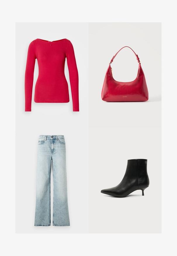 T-shirt rouge à manches longues avec un large col marin et une coupe ajustée. Confectionné en tissu doux avec une texture lisse. Doté d'une fermeture en forme de clé au dos.; Jean large bleu clair en denim, avec taille haute, ourlet court et une texture douce avec des détails décolorés.; Bottine en cuir noir avec bout pointu et petit talon kitten sur fond clair, vue côté extérieur.; Sac à épaule en cuir rouge avec fermeture éclair dorée et sangle réglable, logo Calvin Klein centré à l'avant.