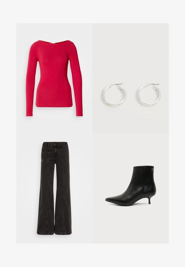 T-shirt rouge à manches longues avec un large col marin et une coupe ajustée. Confectionné en tissu doux avec une texture lisse. Doté d'une fermeture en forme de clé au dos.; Jeans noirs à jambe large en denim, avec une taille haute, des poches avant et des coutures ton sur ton le long des coutures.; Bottine en cuir noir avec bout pointu et petit talon kitten sur fond clair, vue côté extérieur.; Paire de boucles d'oreilles créoles moyennes argentées brillantes avec de fines attaches métalliques sur un fond clair et neutre.