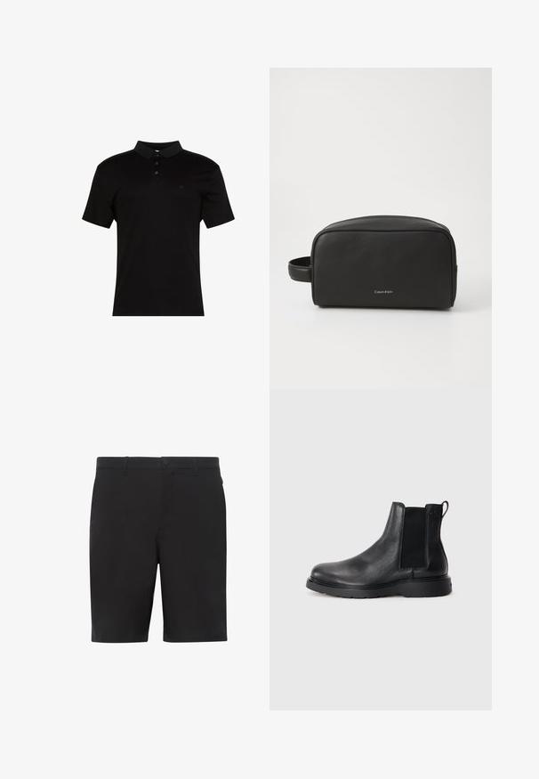 Sort poloshirt lavet af glat stof, med krave, tre-knaps lukning og et lille logo på venstre bryst.; Sorte shorts lavet af letvægtsstof, med flad front, standard linning og sidelommer. Glat tekstur uden synlige mønstre.; Sorte læder chelsea støvler med tekstureret finish, elastiske sidepaneler og en robust gummisål. Subtil branding på hælen.; Sort læder toilettaske med tekstureret overflade, afrundet form og sidelomme. Har Calvin Klein-logoet på fronten.