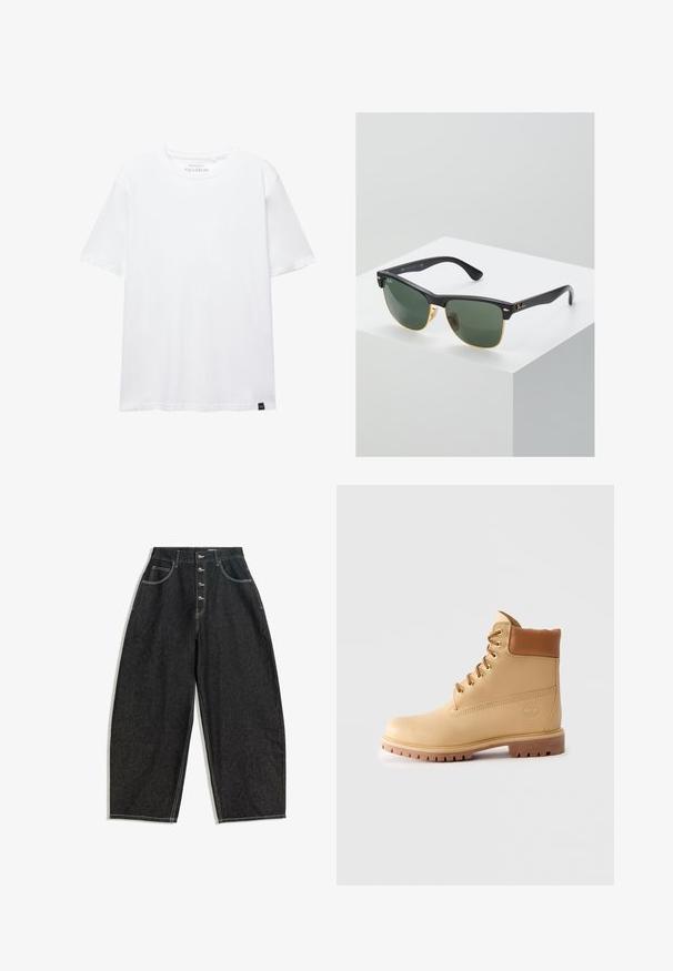 Weißes T-Shirt mit kurzen Ärmeln, regulärer Passform, rundem Ausschnitt und kleinem schwarzem Stoffetikett am unteren Saum.; Schwarze Denim-Hosen mit weitem Bein, hohem Bund, Fünf-Knopf-Verschluss, zwei Vordertaschen und kontrastierenden weißen Steppnähten.; Hellbraune Leder-Ankle-Boots mit gepolstertem Kragen, goldenen Ösen, braunen Schnürsenkeln und dicker Profilsohle auf hellem, einfarbigem Hintergrund.; Ray-Ban Sonnenbrillen mit grünen Gläsern, schwarzen Kunststoffrahmen und goldenen Akzenten an den Rändern. Quadratische Form mit matter Oberfläche.