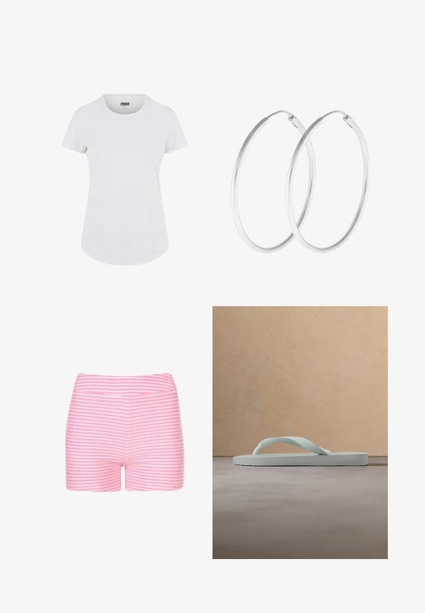 Hvid kortærmet t-shirt med rund halsudskæring, lavet af blødt stof. Har en let buet søm og et minimalistisk design.; Lyserøde og hvide stribede shorts lavet af blødt stof. Har et tætsiddende design og en glat talje med ingen ekstra detaljer eller hardware.; Enkel lysebeige gummiflipflop med tekstureret fodseng og Y-formet rem mod en ensfarvet grå baggrund.; Sølvfarvede hoop øreringe med en glat, rund form og en poleret overflade. Begge øreringe er i samme størrelse og har en sikker lukke mekanisme.