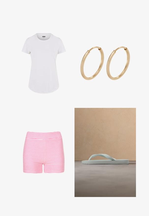 Witte T-shirt met korte mouwen en een ronde hals, gemaakt van zachte stof. Heeft een licht gebogen zoom en een minimalistisch ontwerp.; Roze en witte gestreepte shorts van zachte stof. Heeft een getailleerd ontwerp en een soepele tailleband zonder aanvullende details of hardware.; Enkele lichtbeige rubberen teenslipper met een getextureerd voetbed en Y-vormige band op een effen grijze achtergrond.; Gouden creolen met een gladde, gepolijste afwerking. Ronde vorm, middelgrote maat, met een veilige sluitmechanisme.