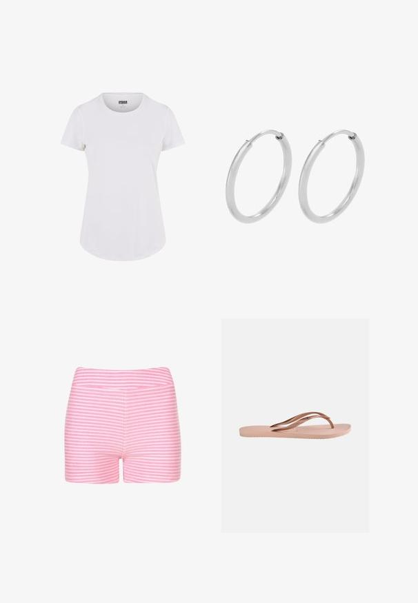 Hvid kortærmet t-shirt med rund halsudskæring, lavet af blødt stof. Har en let buet søm og et minimalistisk design.; Lyserøde og hvide stribede shorts lavet af blødt stof. Har et tætsiddende design og en glat talje med ingen ekstra detaljer eller hardware.; Enkelt lys pink klip-klap sandal med tekstureret sål og metalliske roseguld Y-formede remme på en ensfarvet baggrund.; Sølv hoops øreringe, cirkulær form, glat skinnende tekstur og ensartet bredde hele vejen igennem. Minimalistisk design uden yderligere accenter.