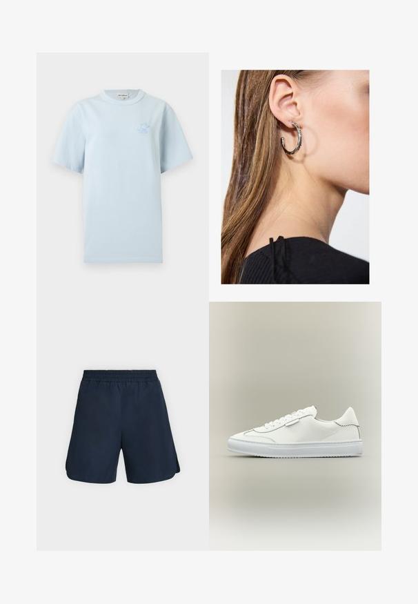T-shirt bleu clair à manches courtes avec col rond et petit logo renard brodé en bleu sur la poitrine gauche.; Shorts de sport bleu marine avec taille élastique et fentes latérales, présentés à plat sur un fond clair uni.; Baskets basses blanches avec fermeture à lacets, dessus en cuir lisse et semelle extérieure blanche texturée en caoutchouc sur un fond neutre.; Boucle d'oreille en argent avec une finition polie, présentant de petits détails en or et de forme ronde, portée sur le lobe.