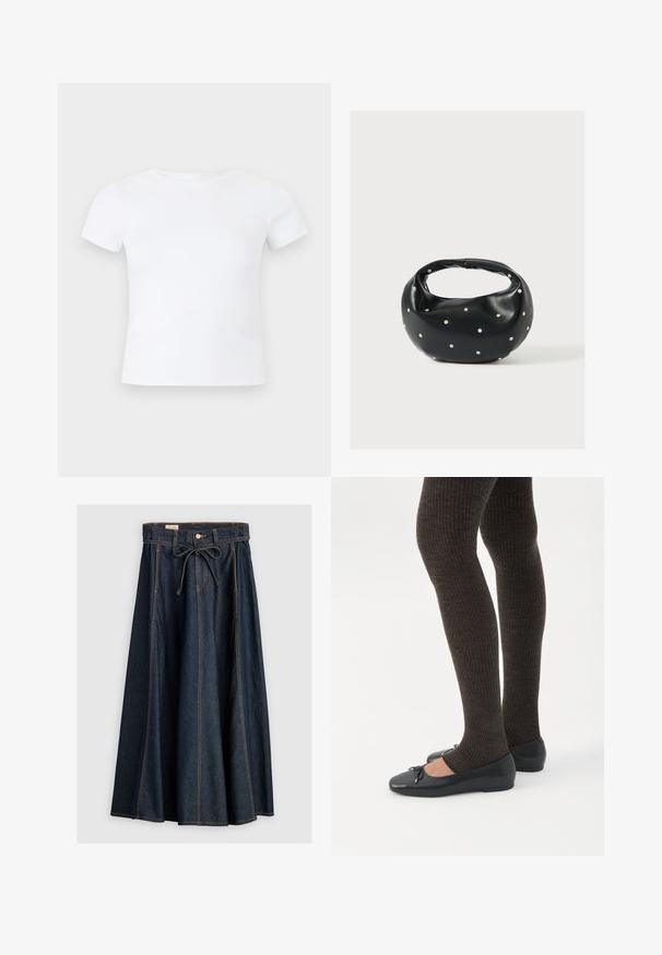 T-shirt blanc uni à manches courtes et col rond, présenté sur un fond gris clair neutre.; Levi's® XL SKIRT - Jupe en jean - square circle; Jambes portant des leggings côtelés foncés associés à des ballerines noires avec de petits détails en nœud sur fond blanc.; Sac à main en cuir noir de forme arrondie, décoré de clous argentés et équipé d'une poignée courte. Texture lisse et fermeture éclair.