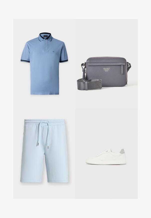 Polo bleu clair à manches courtes avec col et bordure de manches bleu foncé, comportant un petit logo brodé sur la poitrine.; Shorts bleu clair longueur genou avec taille élastique et cordon, avec un texte embossé discret près de l’ourlet inférieur sur la jambe gauche.; Baskets basses blanches avec un onglet de talon gris, des lacets blancs et une semelle texturée, présentées sur un fond uni clair.; Sac bandoulière rectangulaire gris foncé avec sangle réglable, poche avant zippée et emblème de logo argenté.