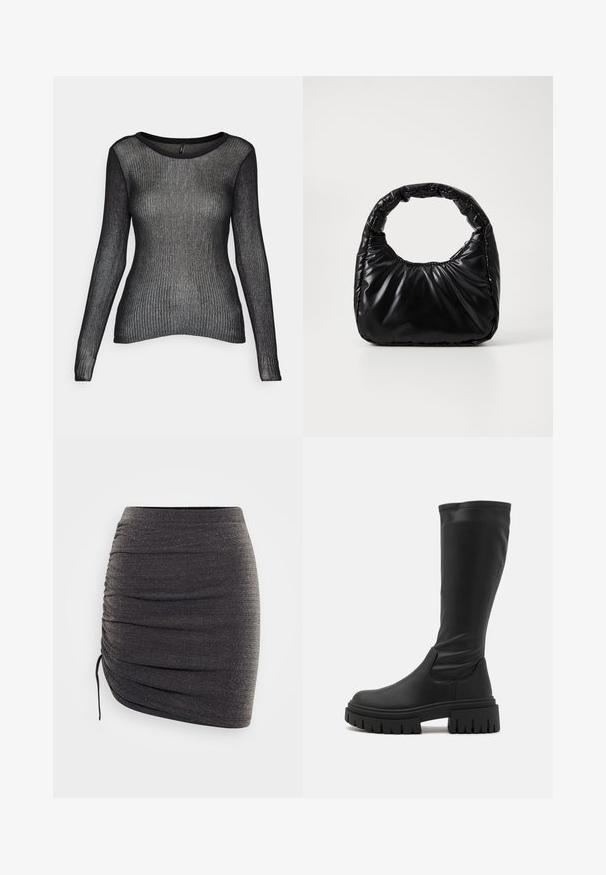 Haut noir à manches longues côtelé avec un col rond, fabriqué en un matériau léger et brillant, présentant une silhouette ajustée et une surface texturée.; Mini-jupe noire en matériau doux et extensible avec un subtil éclat. Présente des détails froncés et un cordon de serrage sur un côté.; Even&Odd Bottes à plateau - black; Sac à main noir rembourré avec une poignée arrondie, présentant une surface lisse et brillante ainsi qu'une texture douce et matelassée. Pas de quincaillerie ou d'accents visibles.