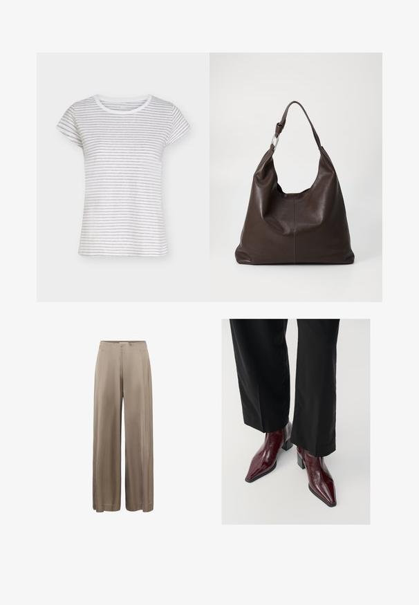 T-shirt blanc à manches courtes avec fines rayures horizontales grises et encolure ronde.; Pantalon beige à jambes larges en tissu satin lisse, taille haute avec plis à l'avant. Présente un design épuré et ajusté sans quincaillerie visible.; Bottines en cuir laqué bourgogne avec un bout pointu, un talon épais et une finition texturée, associées à un pantalon large noir.; Zign LEATHER - Cabas - chocolate brown
