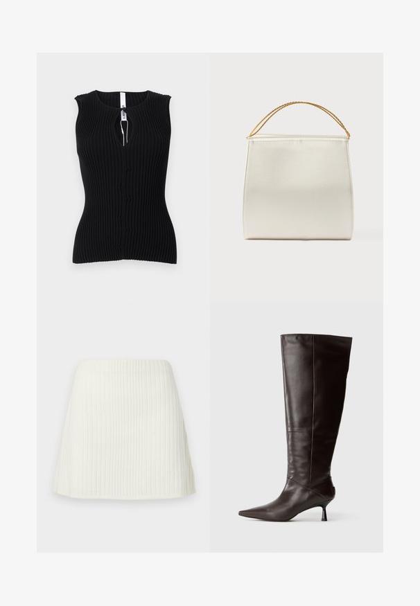 Αμάνικη μαύρη ριμπ πλεκτή μπλούζα με στρογγυλή λαιμόκοψη και μικρό άνοιγμα στο μπροστινό κέντρο.; Κοντή λευκή ριγέ πλεκτή μίνι φούστα με ψηλή μέση και ελαφρύ φουσκωτό τελείωμα.; Καφέ δερμάτινη μπότες μέχρι το γόνατο με αιχμηρή μύτη και λεπτό τακούνι. Ομαλή υφή και κομψό σχέδιο, με μινιμαλιστική σιλουέτα.; Δομημένη τσάντα χειρός με σατινέ φινίρισμα, σε κρεμ χρώμα, με λουράκι ώμου αλυσίδα. Διαθέτει επίπεδη, λεία υφή και καθαρές ραφές.