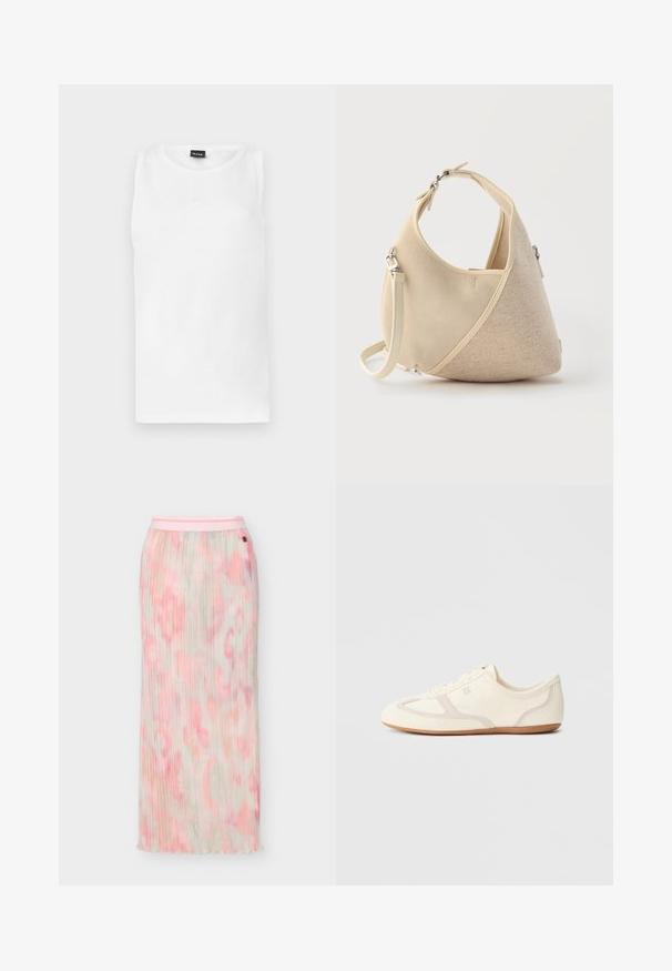 Débardeur blanc sans manches avec encolure ronde et petit logo embossé centré sous l'encolure.; Jupe longue plissée avec un motif tie-dye doux rose et beige, ornée d'un petit logo circulaire noir près de la ceinture.; Baskets couleur crème avec une tige en daim et tissu, un bout arrondi, et une semelle en caoutchouc avec un détail accent beige. Fermeture à lacets.; Sac à main beige en forme de croissant avec textures de tissus mélangées, poignée courte et bandoulière amovible, sur fond clair.