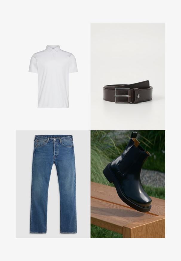 Hvid kortærmet poloshirt med krave og tre-knaps åbning. Glat tekstur uden synlige mønstre eller detaljer.; Blå straight-leg denimjeans med fem lommer, bæltestropper og lukning med knap og lynlås foran på en ensfarvet baggrund.; Sorte læder chelsea støvle med glat finish, elastiske sidepaneler, rund tå og tyk gummisål, placeret ovenfor en træoverflade.; Brun læderbælte med en glat overflade, der har en sølvfarvet, rektangulær spænde og røde syninger. Logo detaljeret på stroppen.