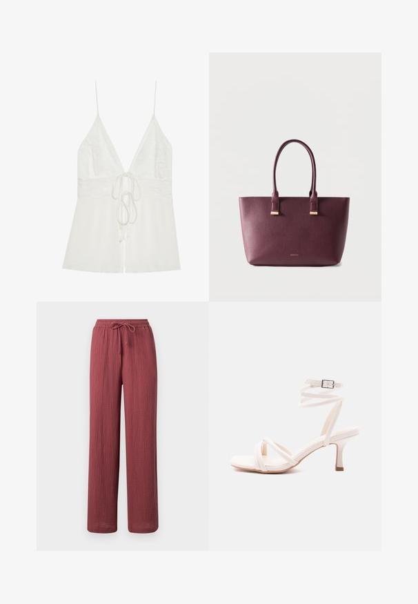 Camisole blanche avec un corsage en dentelle, un décolleté en V profond et un ourlet plissé. Des bretelles fines réglables et un détail de nœud sur le devant ajoutent de la polyvalence.; Pantalon à coupe ample et jambe droite en tissu texturé rose poussiéreux, avec taille élastique et cordon de serrage ajustable.; Sandale blanche à talon avec lanières sur le devant, bride autour de la cheville avec boucle, et talon fin de hauteur moyenne sur un fond uni.; Sac fourre-tout en cuir violet foncé avec deux poignées et petit logo de marque doré sur le devant, posé sur un fond clair uni.