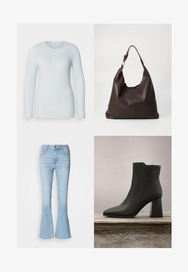 Lysblå langærmet T-shirt lavet af ribbet stof. Har en rund halsudskæring og en slim fit. Glat tekstur uden synlige mønstre eller pynt.; Lyseblå vide jeans lavet af denim med høj talje, prydet med subtil falming og en standard lynlås-lukning.; Sort læder ankelstøvle med spids tå og en blokhæl, udstyret med et struktureret sort område og en glat overflade.; Zign by Zalando LEATHER - Shopping bags - chocolate brown
