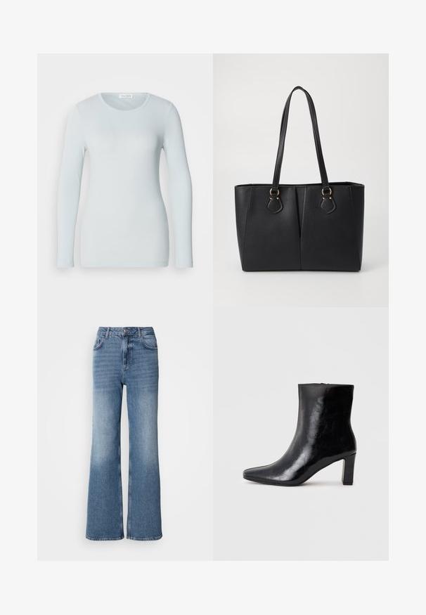 Lichtblauwe langmouw T-shirt van ribstoffen. Heeft een ronde halslijn en een slim fit. Soepele textuur zonder zichtbare patronen of versieringen.; Mos Mosh MAI - Straight leg jeans - blue wash; Zwarte enkellaars gemaakt van glanzend leer, met een puntige neus en een gemiddelde blokhak, voorzien van een gladde textuur en een eenvoudig ontwerp.; Zwarte neplederen tote bag met een gestructureerde afwerking, twee lange handvatten en goudkleurige hardware-accenten aan de zijkant. Rechthoekige vorm.