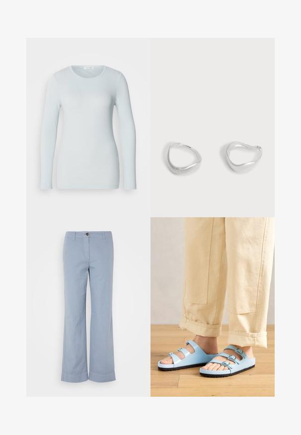 Camiseta de manga larga azul claro hecha de tela acanalada. Presenta un escote redondo y un ajuste ajustado. Textura suave sin patrones o adornos visibles.; Pantalones de lino azul claro con pierna recta, cierre de botón y dobladillo vuelto. Textura suave, diseñados para uso casual.; Chanclas de color azul claro con tres correas ajustables y hebillas plateadas; suela texturizada y material superior suave. Llevadas con pantalones beige arremangados.; Par de pendientes de aro de tono plateado liso con una forma triangular ligeramente irregular sobre un fondo claro y liso.