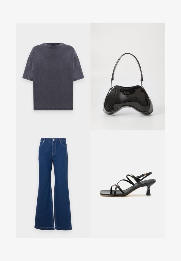Oversized mørkegrå t-shirt, korte ærmer, rund halsudskæring og falmet tekstur med synlige syninger og sænkede skuldersømme.; Mørkeblå sænkede jeans lavet af denim. Funktioner inkluderer bæltesløjfer, forreste lommer og kontraststing. Bred benåbning.; Sorte lakerede sandaler med stropper, kvadratisk tå og en lav blokhæl. Udstyret med guldfarvet hardware og justerbare ankelremme.; Sort patentlæder håndtaske med en unik buet form, kort justerbar hank og en lynlåslukning i toppen. Glat tekstur med diskret branding.